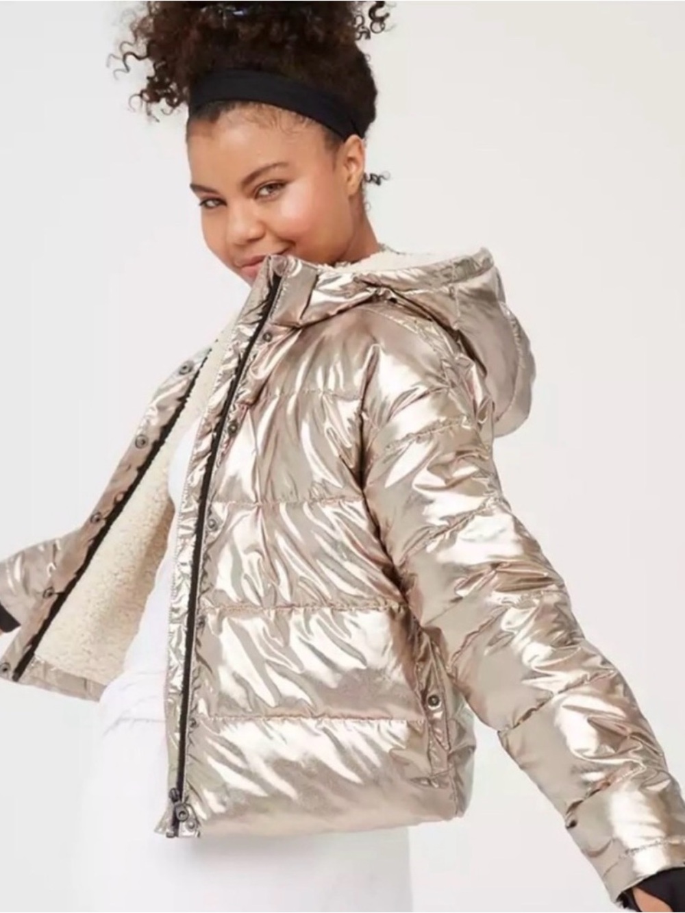 Aerie Metallic Puffer Jacket with Sherpa Lining